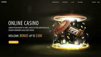 Online casino, black web banner with offer, playing cards, casino roulette, slot machine and poker chips inside gold portal vector