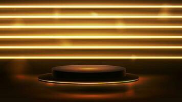 Gold empty podium floating in the air in dark scene with gold horizontal line neon wall vector