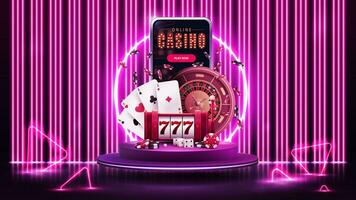 Online casino, banner with smartphone, slot machine, Roulette, chips and playing cards on purple podium with neon ring in scene with line neon pink wall on background and neon triangles around vector