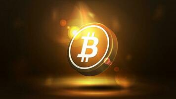 Gold bitcoin on a dark blurred background. Digital Cryptocurrency poster vector