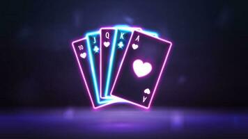 Pink and blue neon playing cards in dark empty scene. Neon casino elements vector