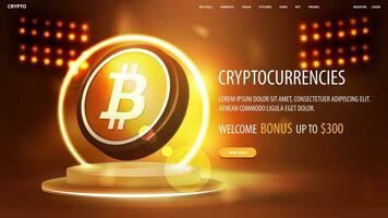 Banner for website with button, podium with yellow neon ring on background and gold 3D bitcoin vector