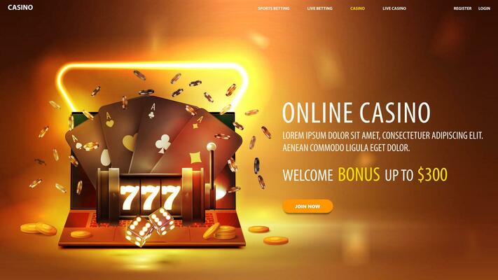 Online casino, gold web banner with laptop, neon slot machine, black playing cards, dice and poker chips on background with neon triangle