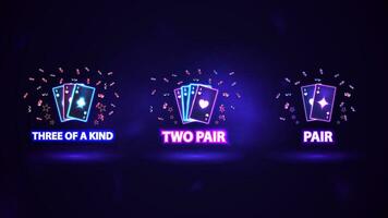 Neon poker hand rankings combination symbols made with pink and blue shine neon casino playing cards vector