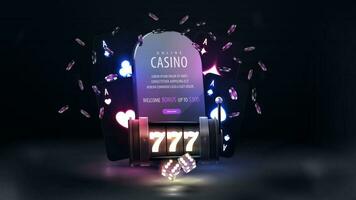 Online casino, black web banner with smartphone with offer on screen, with black neon playing cards, neon slot machine, dice and poker chips vector