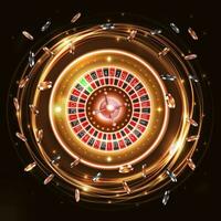 Gold shine neon rotate Casino Roulette wheel with poker chips, digital casino element vector