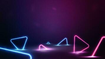 Empty scene with neon blue and pink triangles around vector