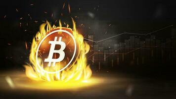Dark poster with gold bitcoin in fire flame on a dark blurred background with fog and cryptocurrency graph vector