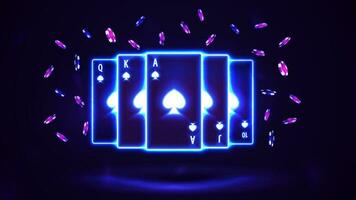 Blue shine neon casino playing cards with poker chips in dark empty scene. Spade Royal Flush vector