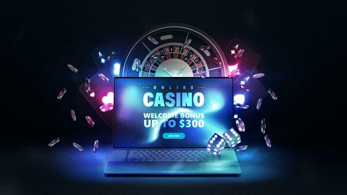 Online casino, banner with laptop, slot machine, neon playing cards, roulette, dice and poker chips on dark background