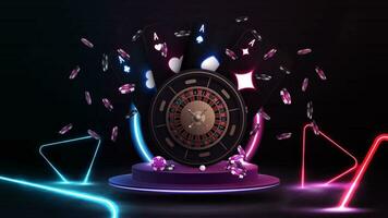 Casino Roulette wheel with black playing cards with glowing neon lights on purple podium with neon ring in scene with line neon colors triangles around. vector