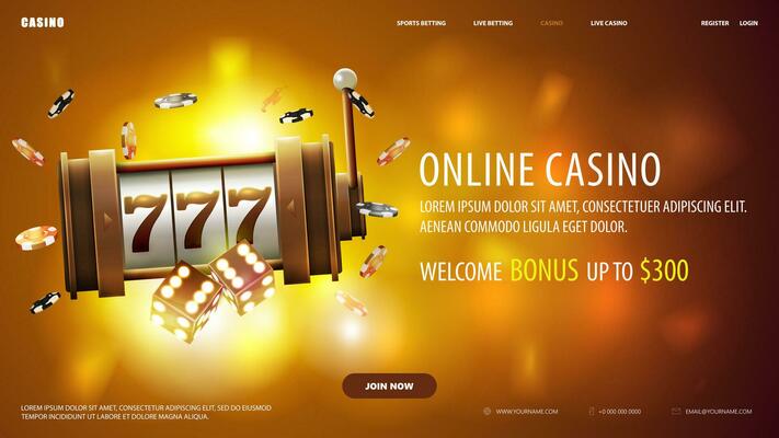 Orange banner with gold slot machine, dice and chips on blurred background. Online casino, web banner with interface elements