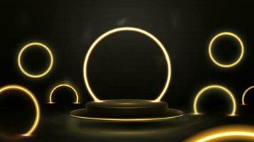 Empty gold and black podium floating in the air with yellow neon rings around vector