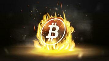 Gold bitcoin in fire flame on a dark blurred background with fog vector