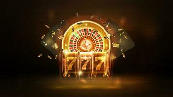 Gold neon shine Casino roulette, slot machine, black playing cards and poker chips on dark blurred background vector