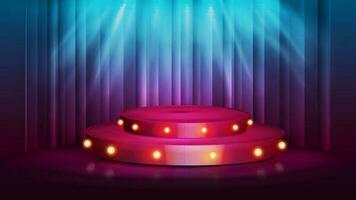 Cartoon red round podium with bulbs lights and spotlight on background with curtain vector