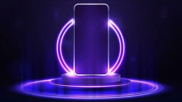 Smartphone mockup on empty purple podium floating in the air with purple neon rings on background and hologram of digital rings on a floor vector