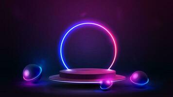 Empty podium floating in the air with line gradient neon ring on background. illustration with abstract scene with neon spheres. vector