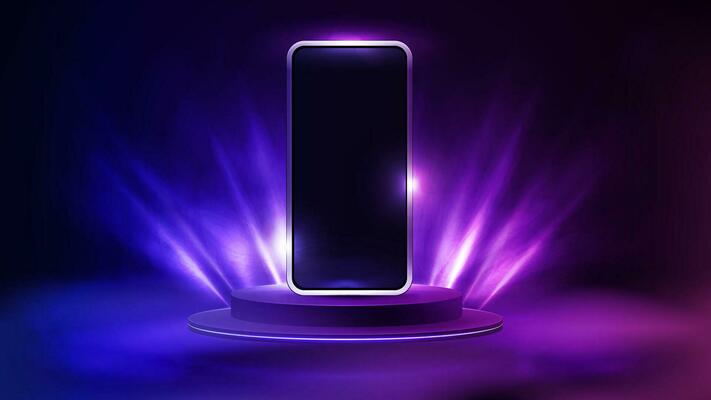 Smartphone on podium with lighting of spotlights, 3d realistic vector illustration.