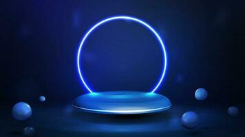 Blue podium floating in the air with blue neon ring on background. vector