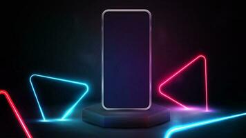 Smartphone on black hexagon podium and neon blue and pink triangles around. vector