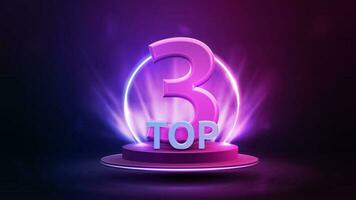 Top 3, banner with podium floating in the air with award, line gradient neon ring and spotlight on background vector