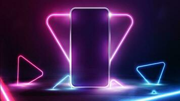 Smartphone with neon triangle frame on background and blue and pink neon triangles on dark scene vector