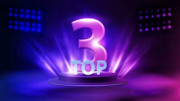 Top 3, poster with podium with award in a fog and spotlight on background vector