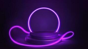 Purple podium with line neon ring on background and neon wave line lasers around. Illustration with abstract scene with purple neon frame vector