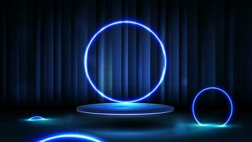 A blue podium floating in the air on background with curtain with blue neon rings around vector