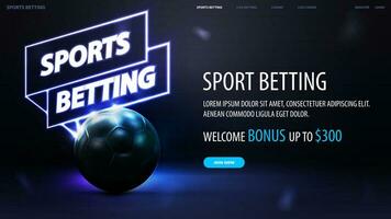 Sports betting, black and blue web banner with football ball with neon signboard on dark background vector