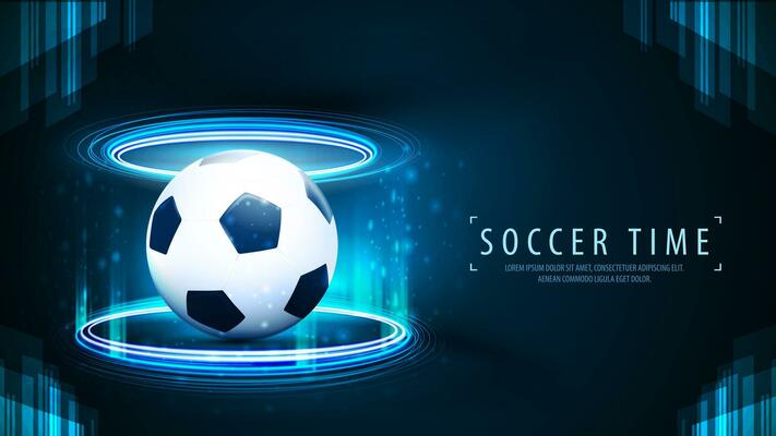 Blue digital hologram podium in cylindrical shape with football ball inside