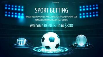 Sports betting, blue banner for website with offer and hologram of sport balls vector