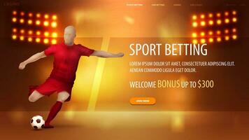 Sports betting, orange banner for website with soccer player on background with stadium arena with spotlights vector