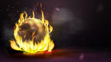 Poster with gold soccer ball in flame on black smoke background. Sport poster for your creativity vector
