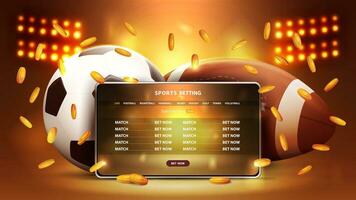 Sports betting, banner for website with tablet and football balls in gold stadium arena with spotlights vector