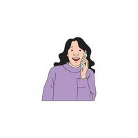 a woman with long hair is on the phone with her cell phone vector