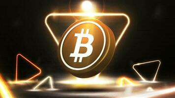 Gold bitcoin in black scene with neon triangle frame in scene with neon gold triangles around vector