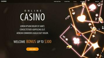 Online casino, banner for website with offer, gold neon casino playing cards and poker chips on black background vector