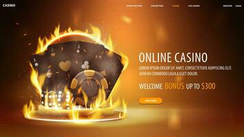 Online casino, yellow banner with welcome bonus, button, gold casino playing cards, dice and poker chips on gold podium with yellow neon ring on fire, 3d realistic vector illustration.