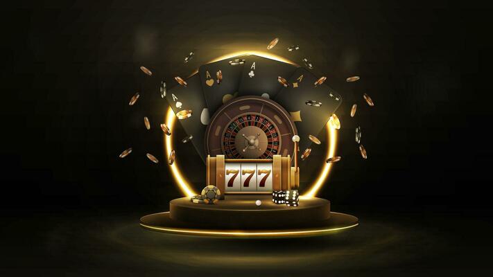 Black poster with casino roulette wheel with black playing cards, slot machine, dice and chips on podium with gold neon ring on background