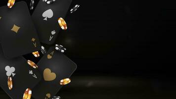 Black and gold falling casino playing cards with poker chips on black background vector