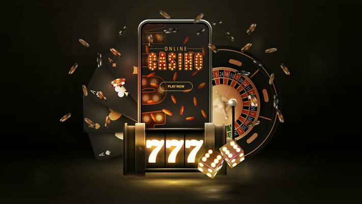 Online casino, poster with smartphone, black neon slot machine, black playing cards, dice and poker chips on dark background