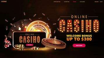 en línea casino, bandera para sitio web con interfaz elementos, título con oro lámpara bombillas, teléfono inteligente, neón ruleta, tarjetas y póker papas fritas vector