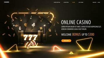 Online casino, welcome bonus, black banner with offer, slot machine, chips, playing cards and gold neon triangles around vector