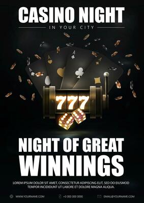 Casino night, black vertical poster with black neon slot machine, black playing cards, dice and poker chips on dark background
