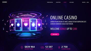 Online casino, dark and blue banner with offer, interface elements and neon playing cards with poker chips with hologram of digital rings in dark empty scene vector