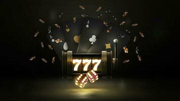 Black neon slot machine, black playing cards, dice and poker chips on dark background vector