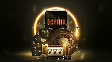 Online casino, black banner with smartphone, slot machine, Casino Roulette, poker chips and playing cards on dark background with gold neon ring vector