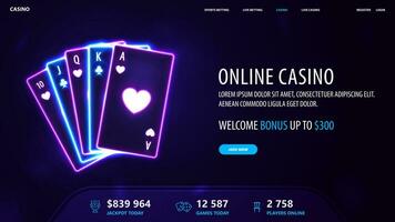 Online casino, banner with offer and pink and blue neon playing cards in dark empty scene. vector